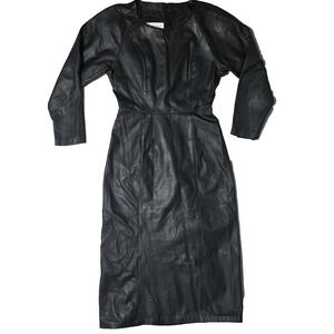 Vintage Laurice Black Leather Puffy Shoulder Midi Dress Sz S/M Genuine Leather